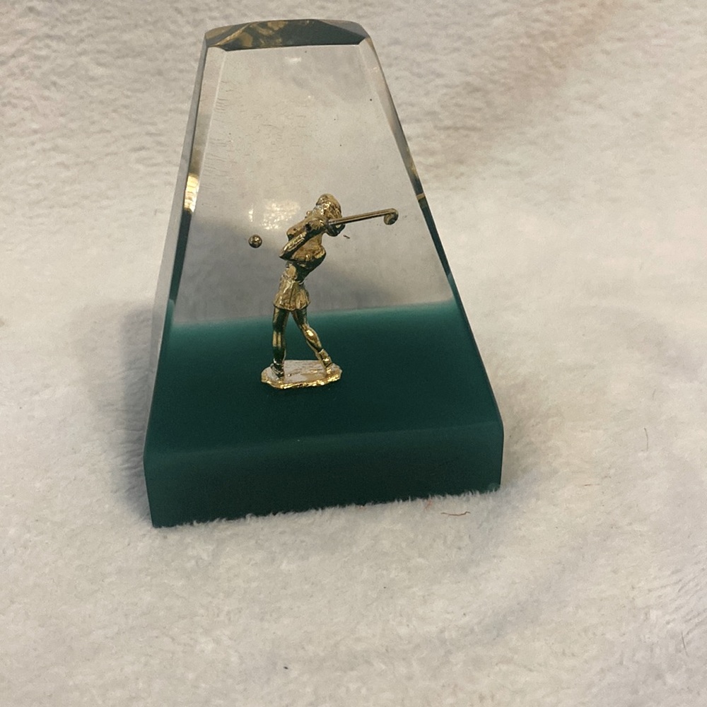 Vintage Paperweight Canada Lucite Woman Golf Golfer Desk Prism Paperweight gift